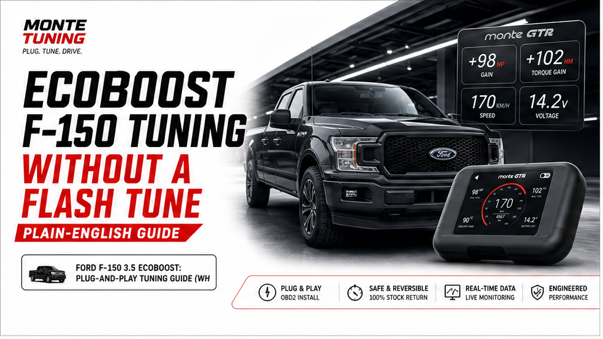 Ford F-150 EcoBoost engine bay with OBD2 plug-and-play tuning module context