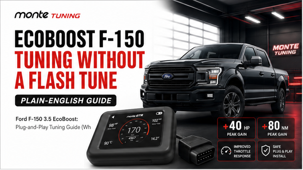 Ford F-150 EcoBoost engine bay with OBD2 plug-and-play tuning module context