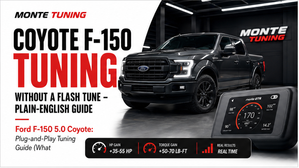 Ford F-150 engine bay with OBD2 plug-and-play tuning module context