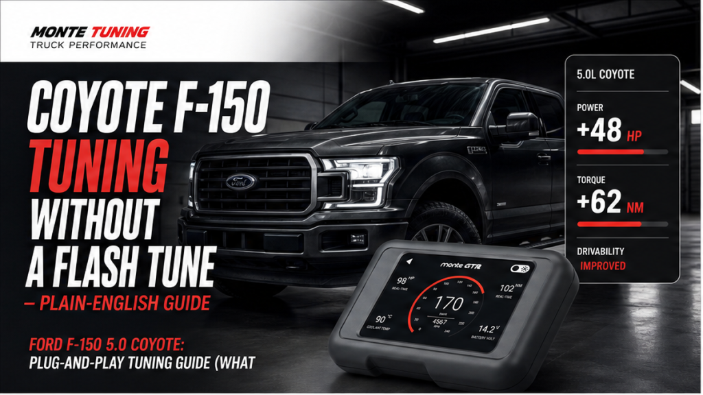 Ford F-150 engine bay with OBD2 plug-and-play tuning module context
