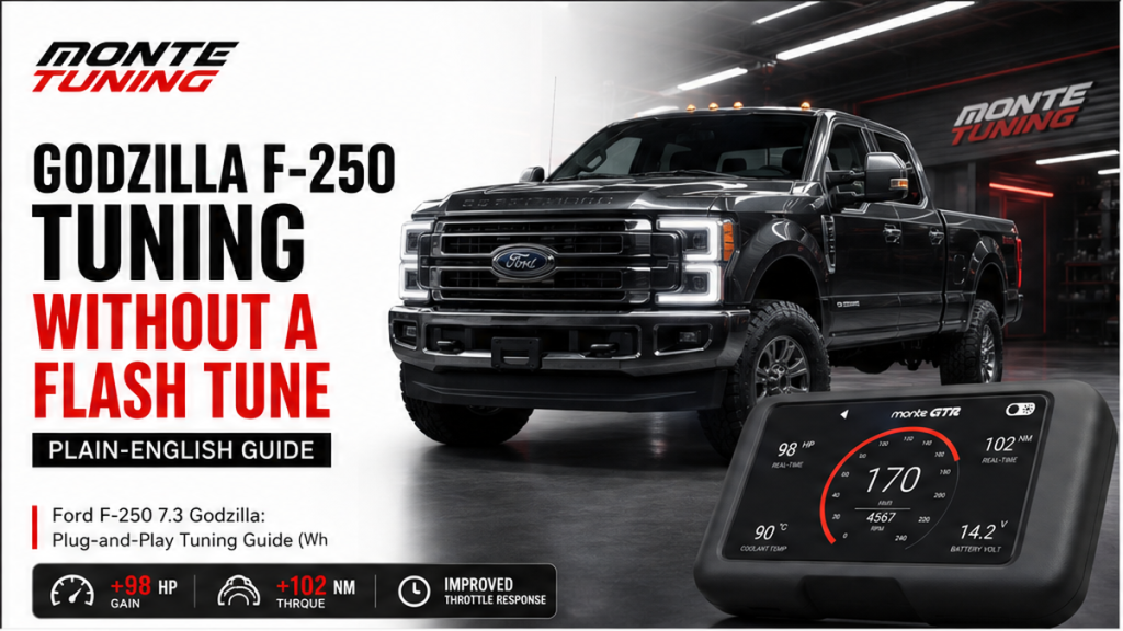 Ford F-250 Super Duty 7.3L Godzilla engine bay with OBD2 plug-and-play tuning module context