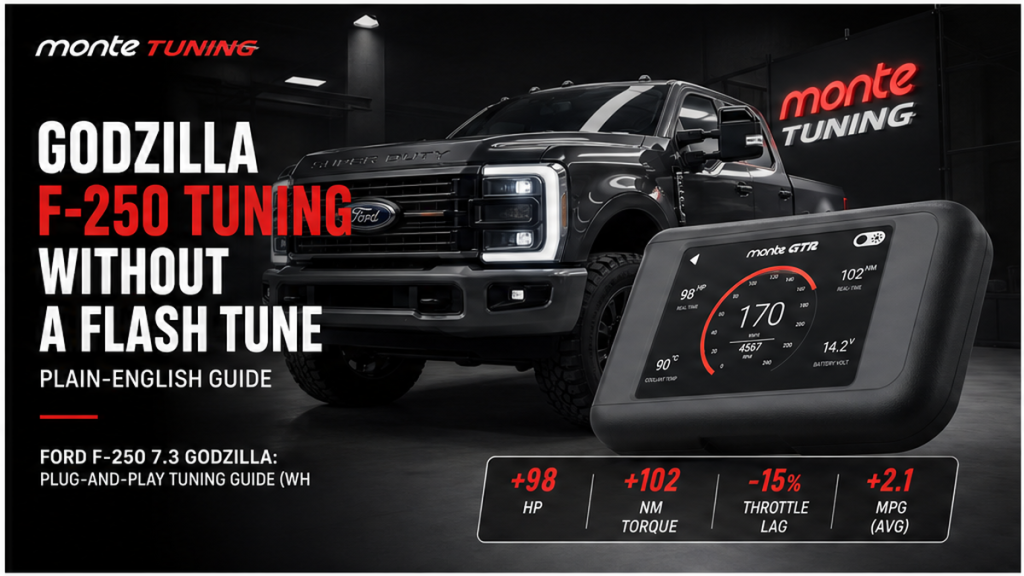 Ford F-250 Super Duty 7.3L Godzilla engine bay with OBD2 plug-and-play tuning module context