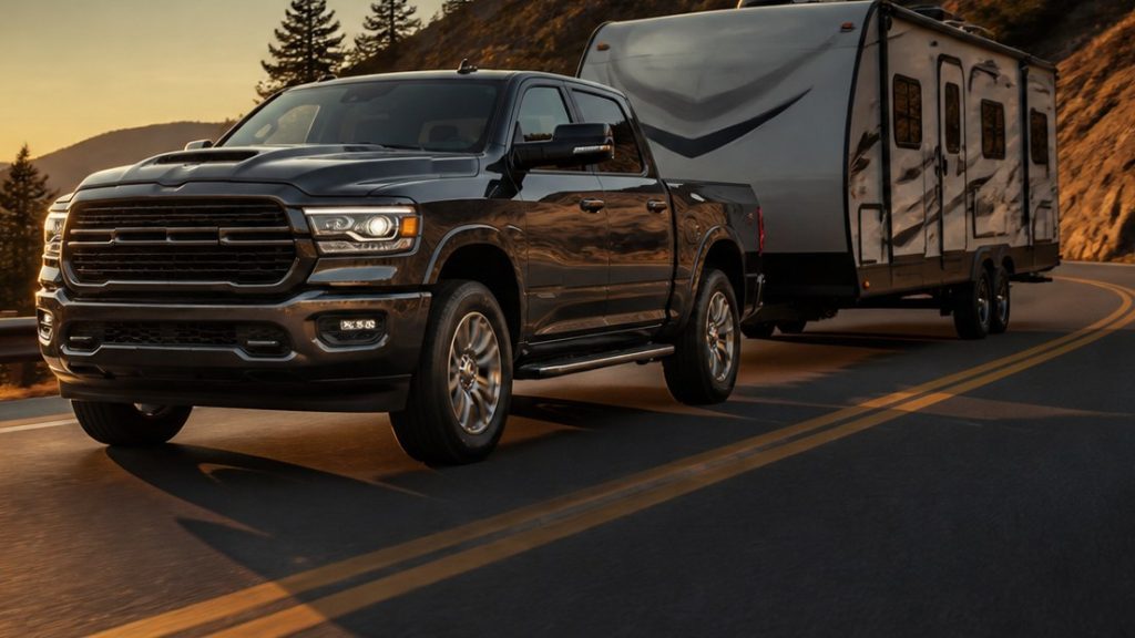 Pickup truck towing a travel trailer on a mountain road at sunset